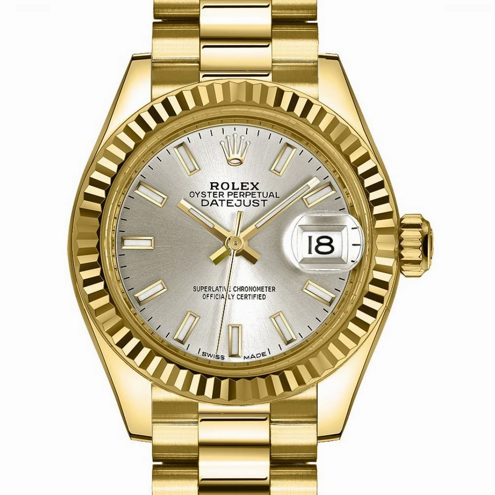 Rolex Lady-Datejust 28mm - Ref: 279178-0005 - Silver Stick Dial, 18K Yellow Gold President Bracelet Women's Watch