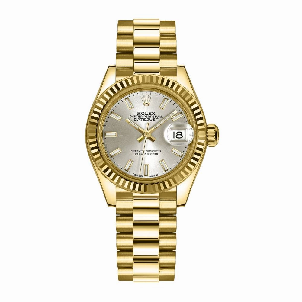 Rolex Lady-Datejust 28mm - Ref: 279178-0005 - Silver Stick Dial, 18K Yellow Gold President Bracelet Women's Watch