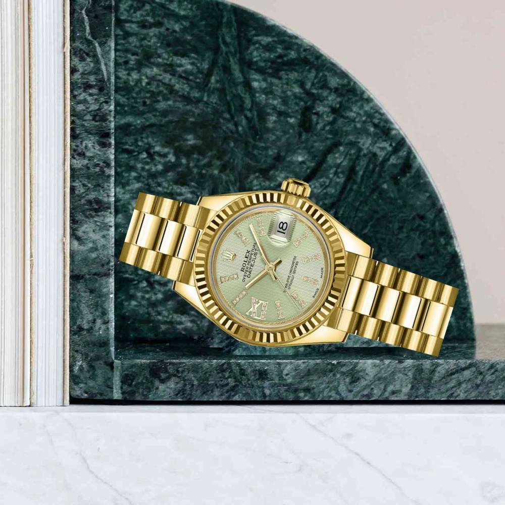Rolex Lady-Datejust 28mm - Ref: 279178-0007 - Linden Green Diamond Dial, 18K Yellow Gold President Bracelet Women's Watch