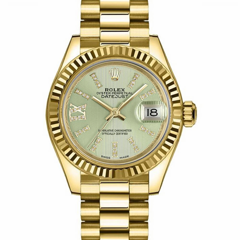 Rolex Lady-Datejust 28mm - Ref: 279178-0007 - Linden Green Diamond Dial, 18K Yellow Gold President Bracelet Women's Watch