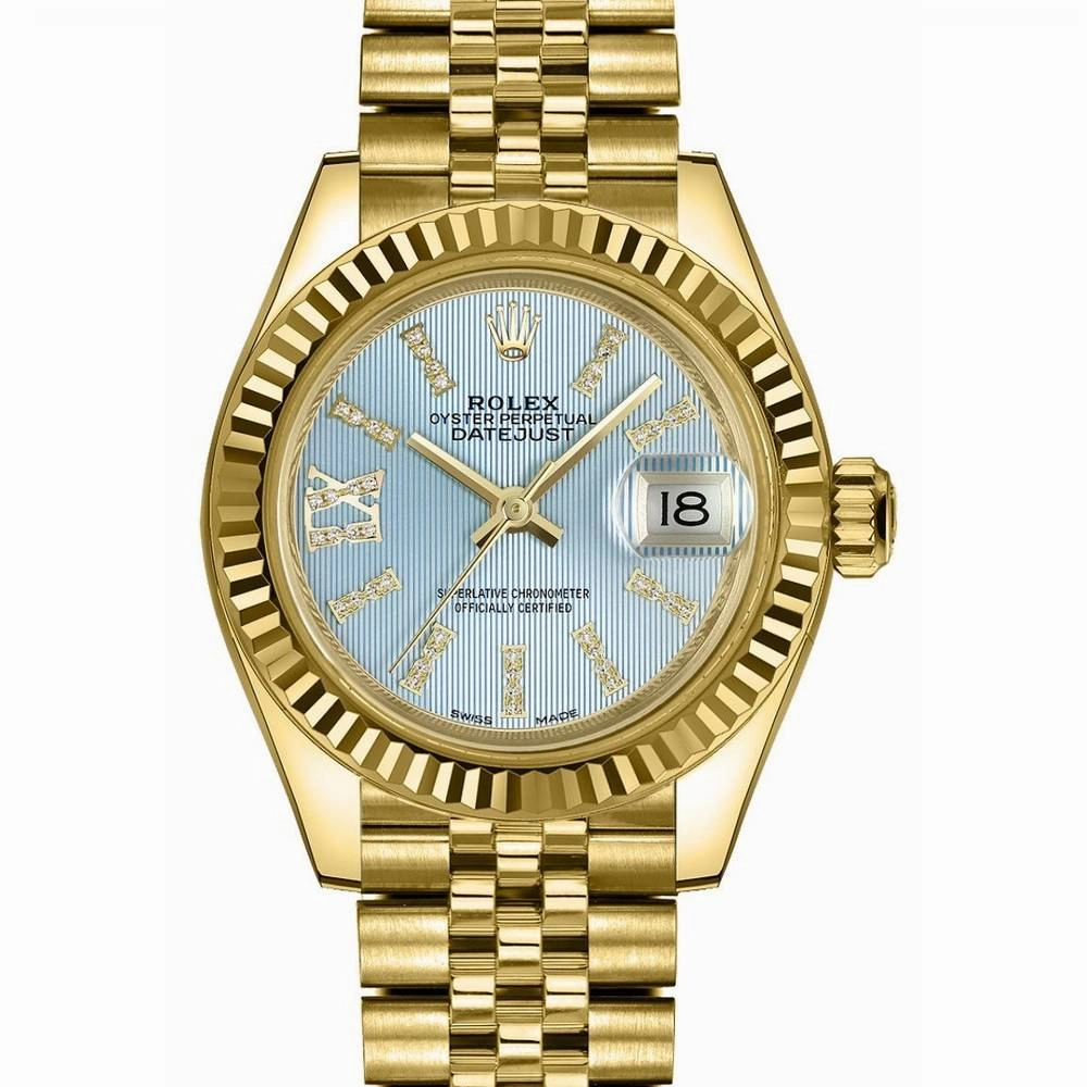 Rolex Lady-Datejust 28mm - Ref: 279178-0010 - Cornflower Blue  Diamond Dial, 18K Yellow Gold Jubilee Bracelet Women's Watch