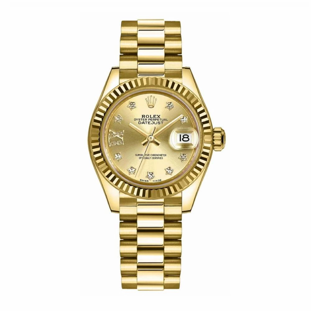Rolex Lady Datejust 28mm - Ref: 279178-0013 - Champagne Dial, 18K Yellow Gold President Bracelet Women's Watch
