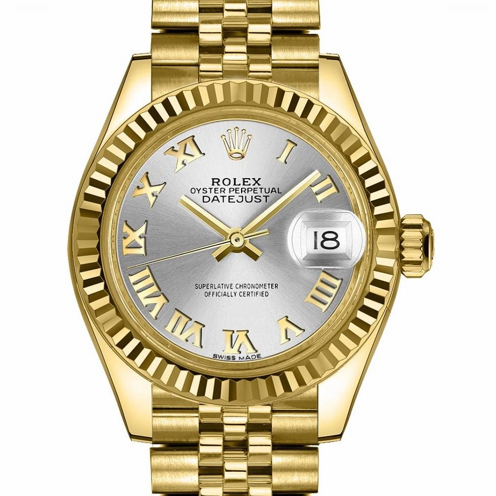 Rolex Lady-Datejust 28mm - Ref: 279178-0021 - Silver Roman Dial, 18K Yellow Gold Jubilee Bracelet Women's Watch