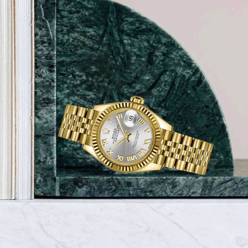Rolex Lady-Datejust 28mm - Ref: 279178-0021 - Silver Roman Dial, 18K Yellow Gold Jubilee Bracelet Women's Watch