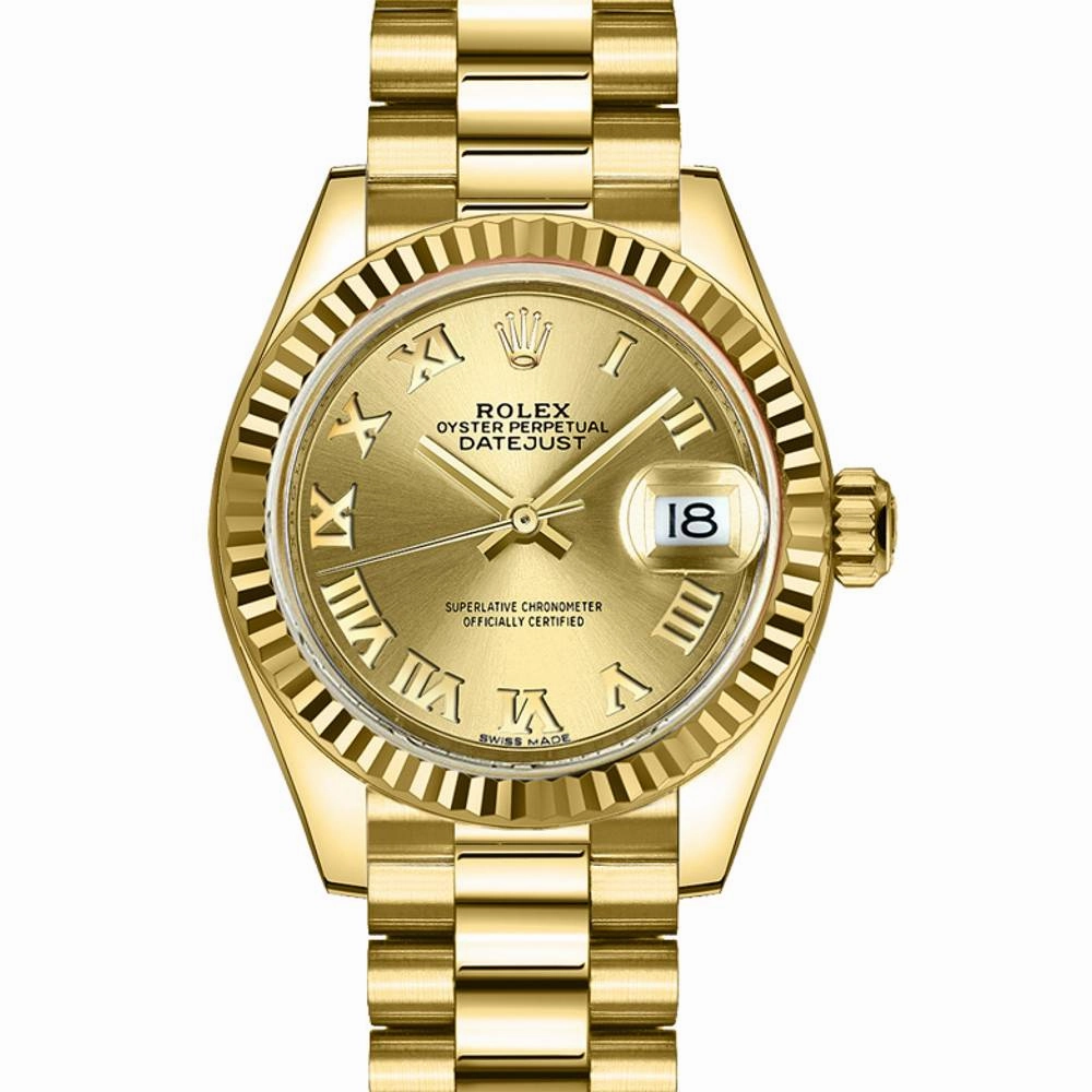 Rolex Lady Datejust 28mm - Ref: 279178-0022 - Champagne Dial, 18K Yellow Gold President Bracelet Women's Watch