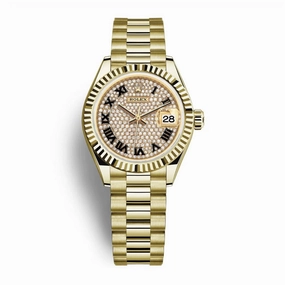 Rolex Lady Datejust 28mm - Ref: 279178-0031 - Diamond Pave Dial, 18K Yellow Gold President Bracelet Women's Watch