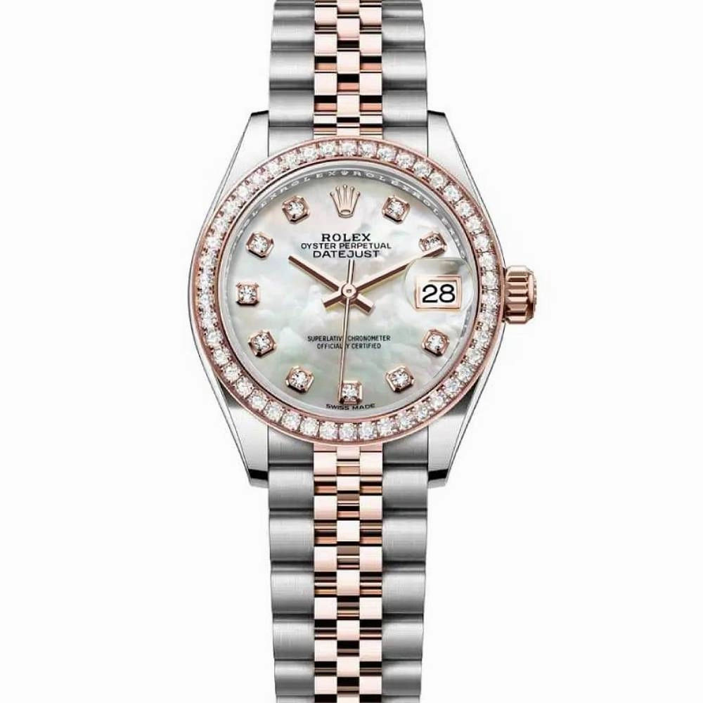 Rolex Lady-Datejust 28mm - Ref: 279381rbr-0013 - White Mother of Pearl Diamond Dial & Diamond Bezel, Two Tone Stainless Steel & 18K Rose Gold Jubilee Bracelet Women's Watch