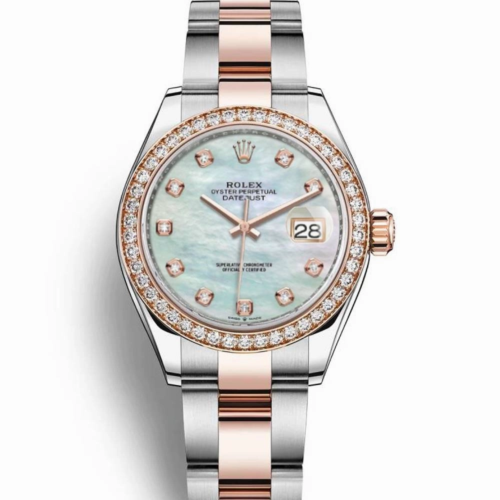 Rolex Lady-Datejust 28mm - Ref: 279381rbr-0014 - White Mother of Pearl Diamond Dial & Diamond Bezel, Two Tone Stainless Steel & 18K Rose Gold Oyster Bracelet Women's Watch