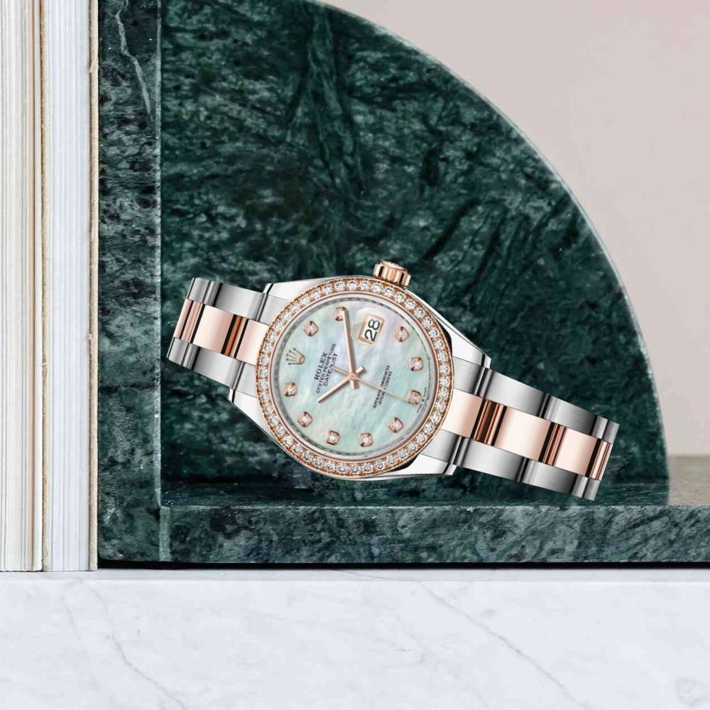 Rolex Lady-Datejust 28mm - Ref: 279381rbr-0014 - White Mother of Pearl Diamond Dial & Diamond Bezel, Two Tone Stainless Steel & 18K Rose Gold Oyster Bracelet Women's Watch