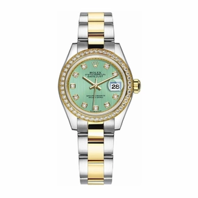 Rolex Lady-Datejust 28mm - Ref: 279383rbr-0014 - Mint Green Diamond Dial & Diamond Bezel, Two Tone Stainless Steel & 18K Yellow Gold Oyster Bracelet Women's Watch