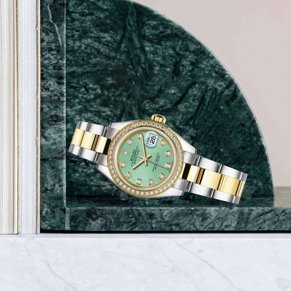 Rolex Lady-Datejust 28mm - Ref: 279383rbr-0014 - Mint Green Diamond Dial & Diamond Bezel, Two Tone Stainless Steel & 18K Yellow Gold Oyster Bracelet Women's Watch
