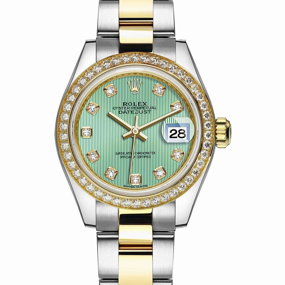 Rolex Lady-Datejust 28mm - Ref: 279383rbr-0014 - Mint Green Diamond Dial & Diamond Bezel, Two Tone Stainless Steel & 18K Yellow Gold Oyster Bracelet Women's Watch