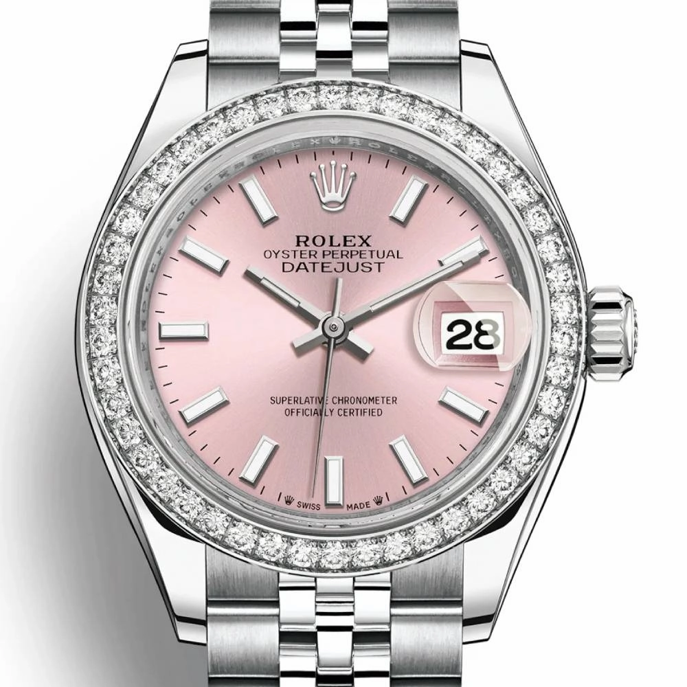 Rolex Lady-Datejust 28mm - Ref: 279384rbr-0001 - Pink Stick Dial & Diamond Bezel, Stainless Steel Jubilee Bracelet Women's Watch