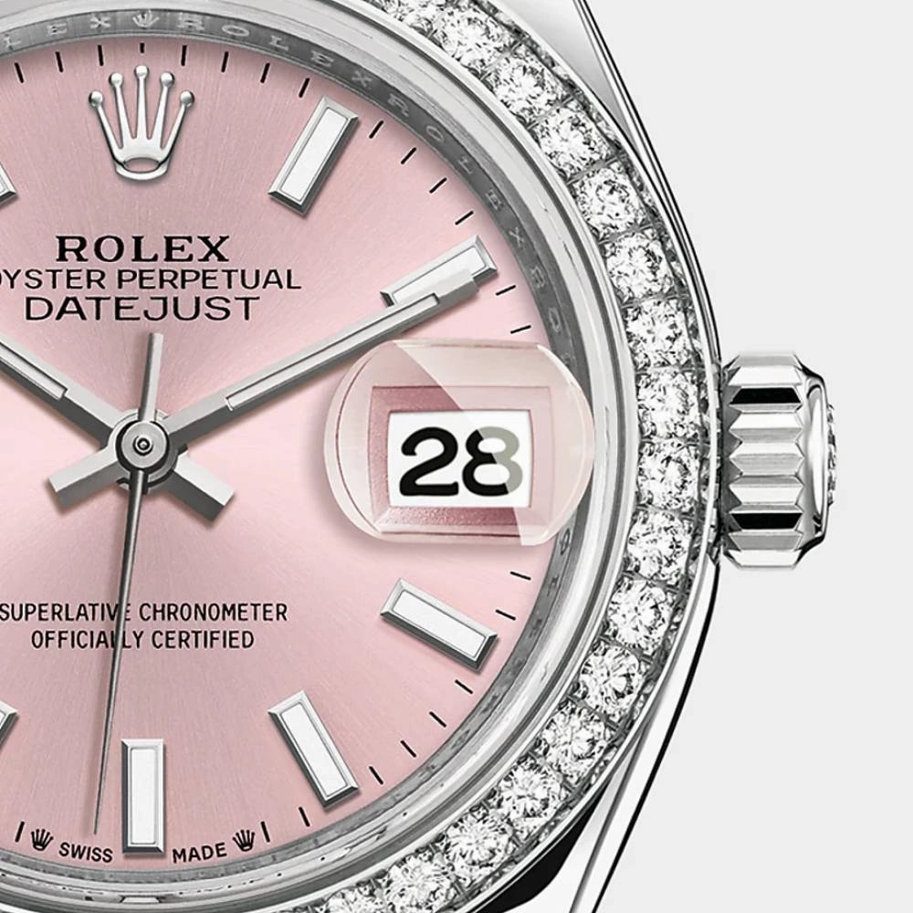 Rolex Lady-Datejust 28mm - Ref: 279384rbr-0001 - Pink Stick Dial & Diamond Bezel, Stainless Steel Jubilee Bracelet Women's Watch