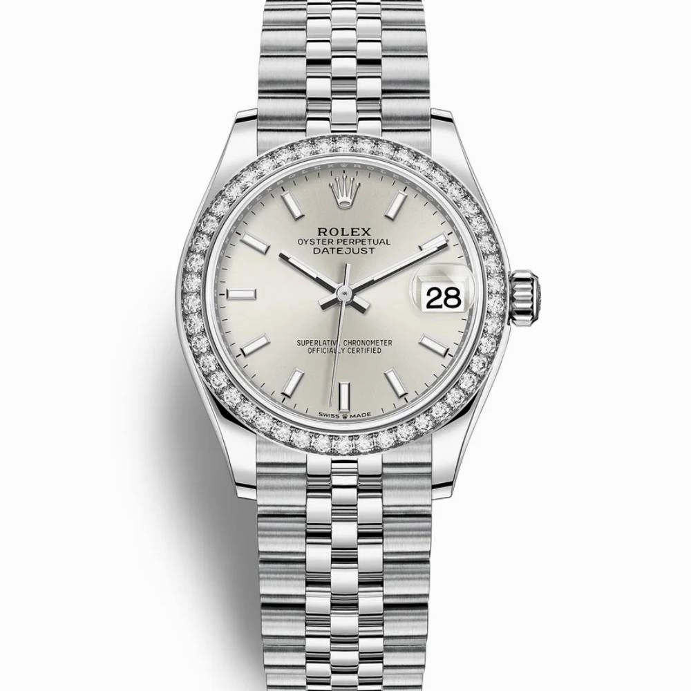 Rolex Lady-Datejust 28mm - Ref: 279384rbr-0007 - Silver Stick Dial & Diamond Bezel, Stainless Steel Jubilee Bracelet Women's Watch