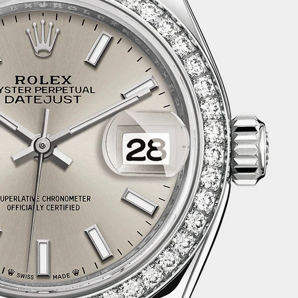Rolex Lady-Datejust 28mm - Ref: 279384rbr-0007 - Silver Stick Dial & Diamond Bezel, Stainless Steel Jubilee Bracelet Women's Watch