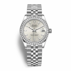 Rolex Lady-Datejust 28mm - Ref: 279384rbr-0007 - Silver Stick Dial & Diamond Bezel, Stainless Steel Jubilee Bracelet Women's Watch