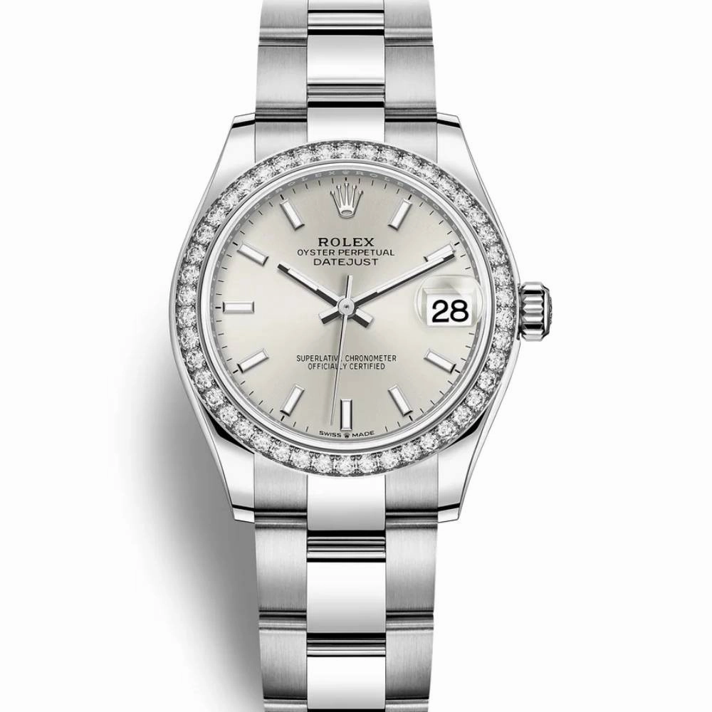 Rolex Lady-Datejust 28mm - Ref: 279384rbr-0008 - Silver Stick Dial & Diamond Bezel, Stainless Steel Oyster Bracelet Women's Watch