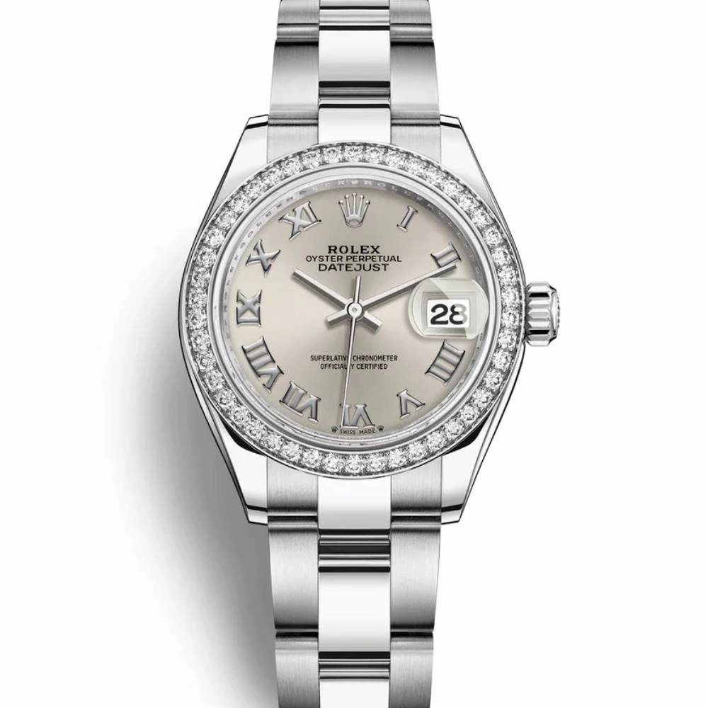 Rolex Lady-Datejust 28mm - Ref: 279384rbr-0010 - Silver Roman Dial & Diamond Bezel, Stainless Steel Oyster Bracelet Women's Watch