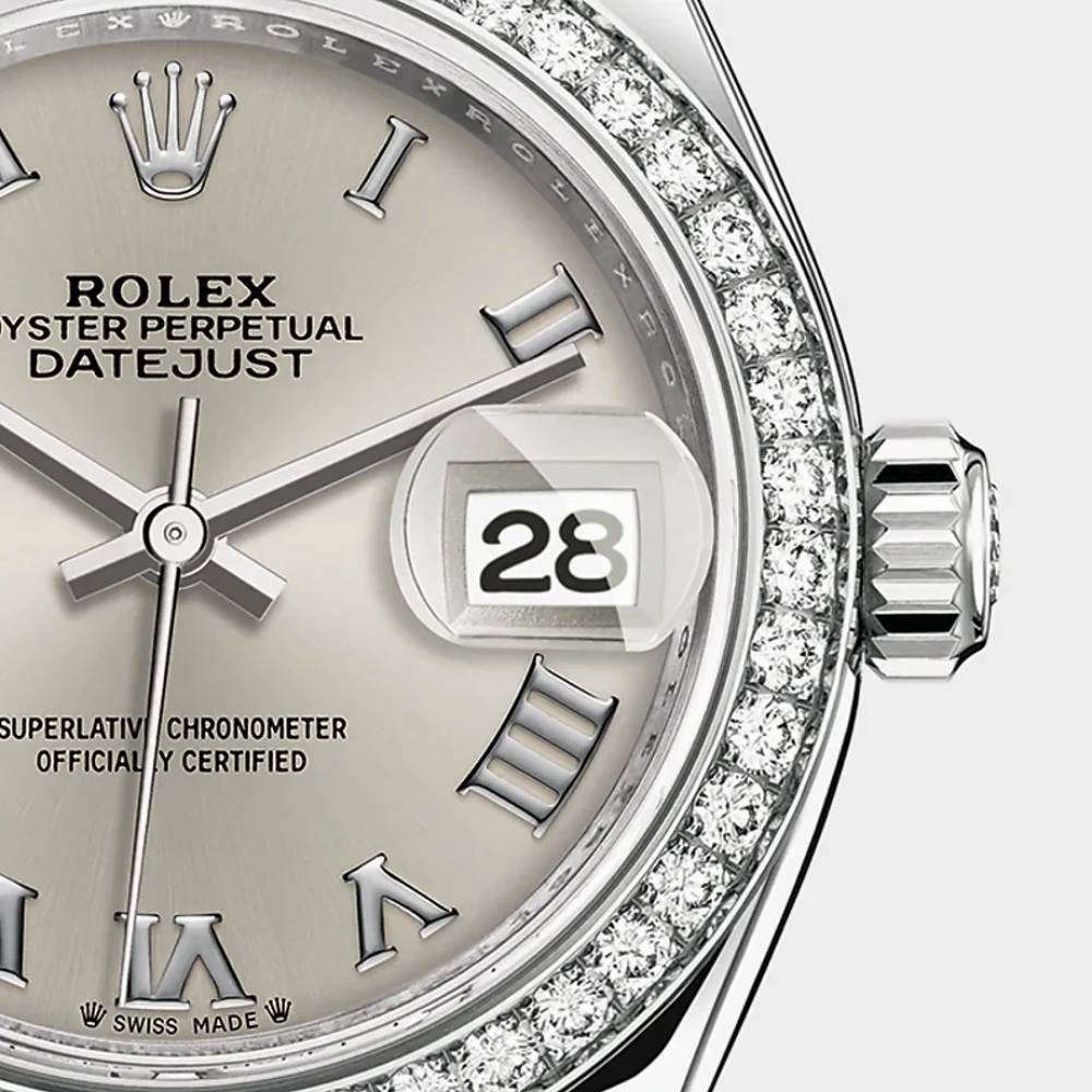 Rolex Lady-Datejust 28mm - Ref: 279384rbr-0010 - Silver Roman Dial & Diamond Bezel, Stainless Steel Oyster Bracelet Women's Watch