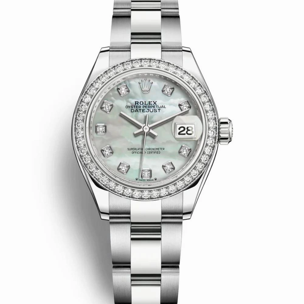 Rolex Lady-Datejust 28mm - Ref: 279384rbr-0012 - White Mother of Pearl Diamond Dial & Diamond Bezel, Stainless Steel Oyster Bracelet Women's Watch