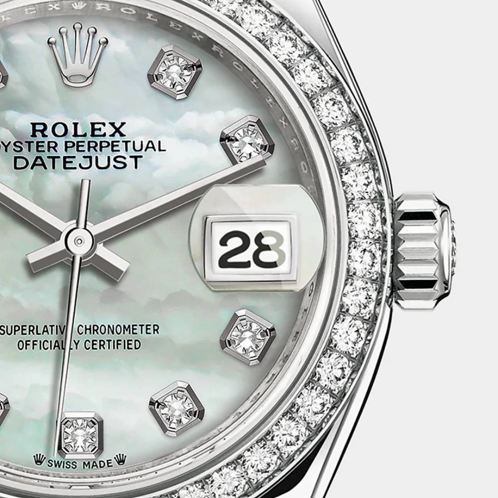 Rolex Lady-Datejust 28mm - Ref: 279384rbr-0012 - White Mother of Pearl Diamond Dial & Diamond Bezel, Stainless Steel Oyster Bracelet Women's Watch
