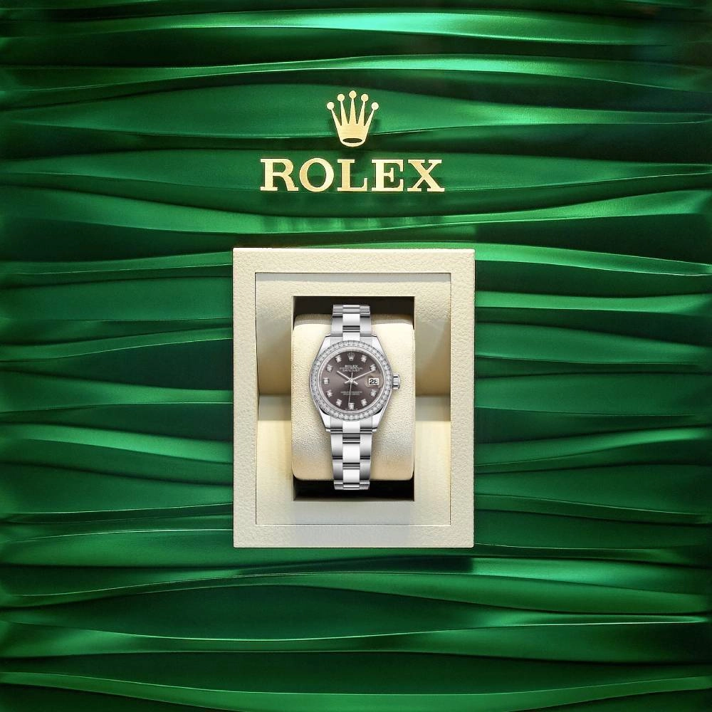 Rolex Lady-Datejust 28mm - Ref: 279384rbr-0018 - Dark Grey Diamond Dial & Diamond Bezel, Stainless Steel Oyster Bracelet Women's Watch