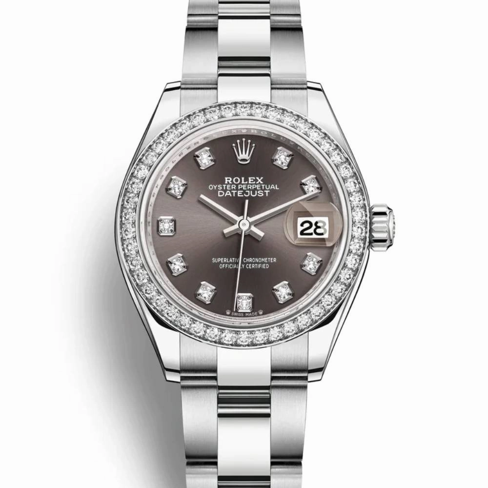 Rolex Lady-Datejust 28mm - Ref: 279384rbr-0018 - Dark Grey Diamond Dial & Diamond Bezel, Stainless Steel Oyster Bracelet Women's Watch