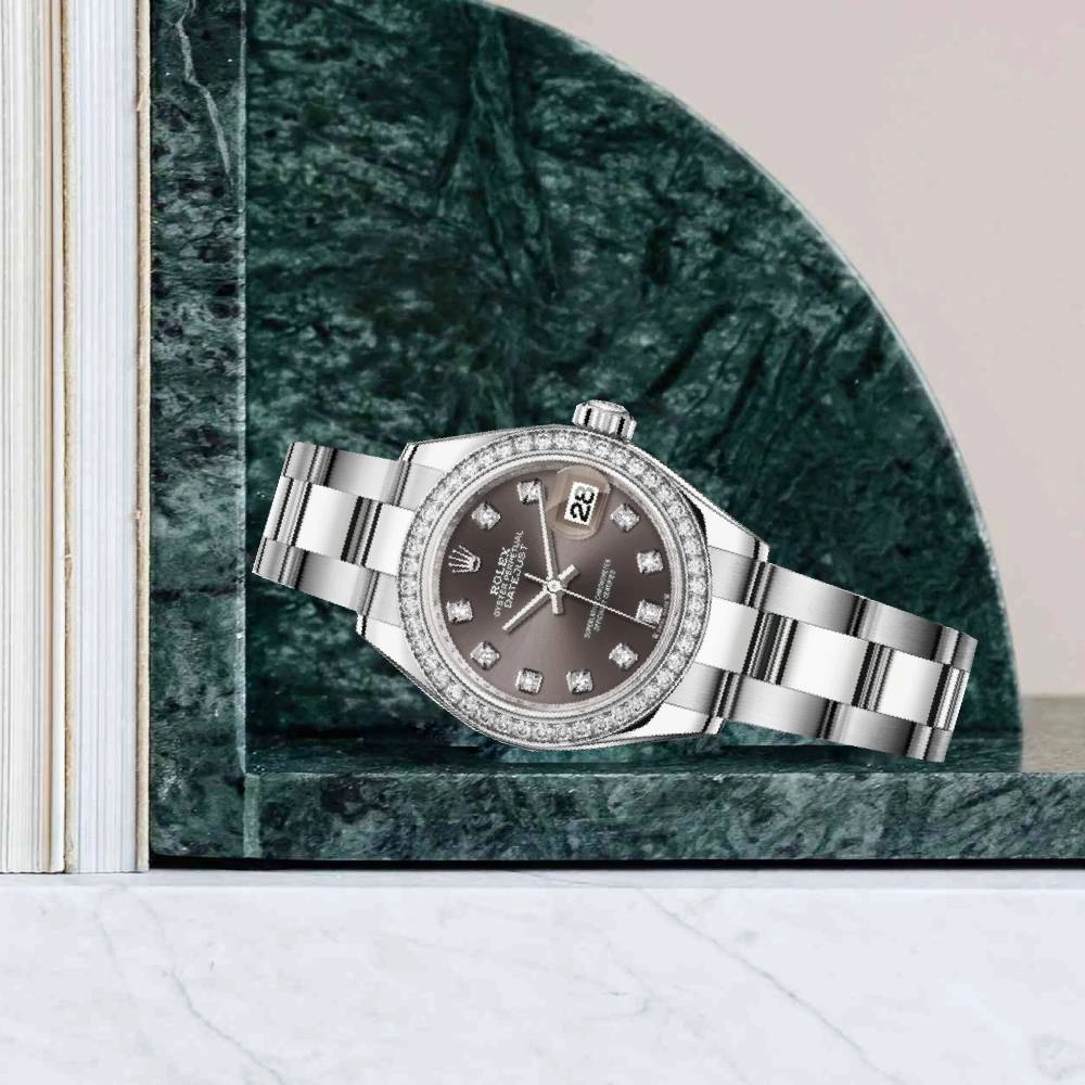 Rolex Lady-Datejust 28mm - Ref: 279384rbr-0018 - Dark Grey Diamond Dial & Diamond Bezel, Stainless Steel Oyster Bracelet Women's Watch