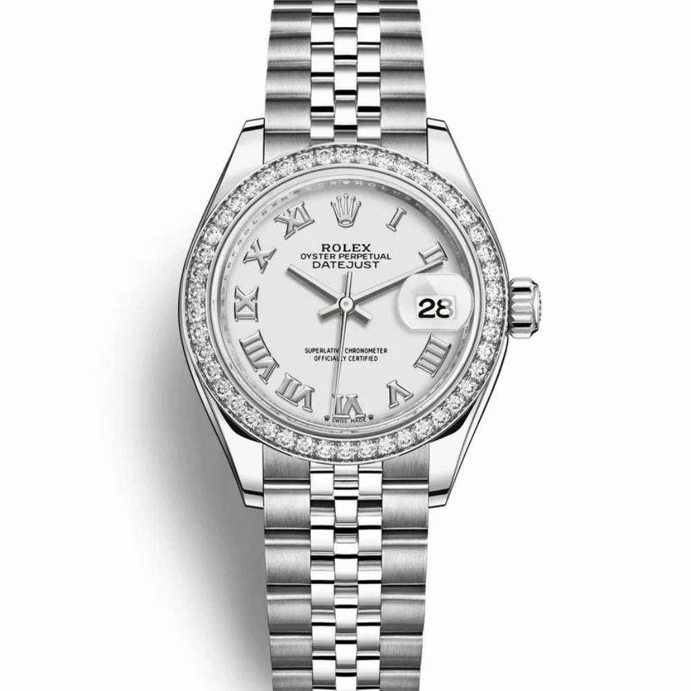 Rolex Lady-Datejust 28mm - Ref: 279384rbr-0019 - White Roman Dial & Diamond Bezel, Stainless Steel Jubilee Bracelet Women's Watch