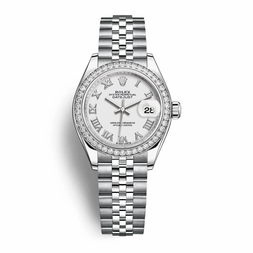 Rolex Lady-Datejust 28mm - Ref: 279384rbr-0019 - White Roman Dial & Diamond Bezel, Stainless Steel Jubilee Bracelet Women's Watch