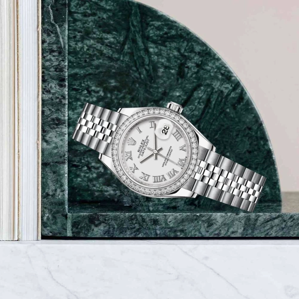 Rolex Lady-Datejust 28mm - Ref: 279384rbr-0019 - White Roman Dial & Diamond Bezel, Stainless Steel Jubilee Bracelet Women's Watch