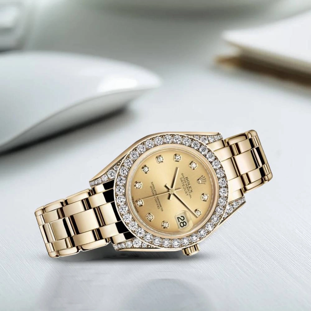 Rolex Pearlmaster 34mm - Ref: 81158-0013 - Champagne Diamond Dial, Diamond Bezel & Diamond Case, 18K Yellow Gold Bracelet Women's Watch