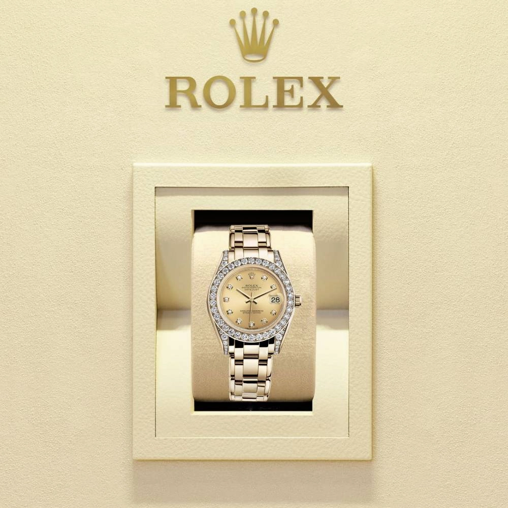 Rolex Pearlmaster 34mm - Ref: 81158-0013 - Champagne Diamond Dial, Diamond Bezel & Diamond Case, 18K Yellow Gold Bracelet Women's Watch