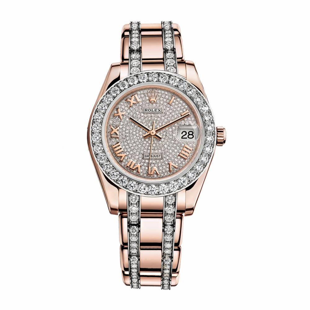 Rolex Pearlmaster 34mm - Ref: 81285-0013 - Pave Roman Diamond Dial, Diamond Bezel & Diamond Case, 18K Rose Gold Diamond Bracelet Women's Watch