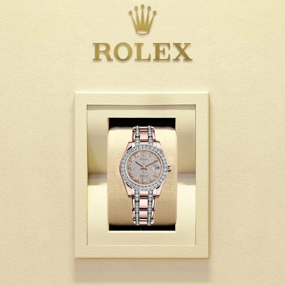Rolex Pearlmaster 34mm - Ref: 81285-0013 - Pave Roman Diamond Dial, Diamond Bezel & Diamond Case, 18K Rose Gold Diamond Bracelet Women's Watch
