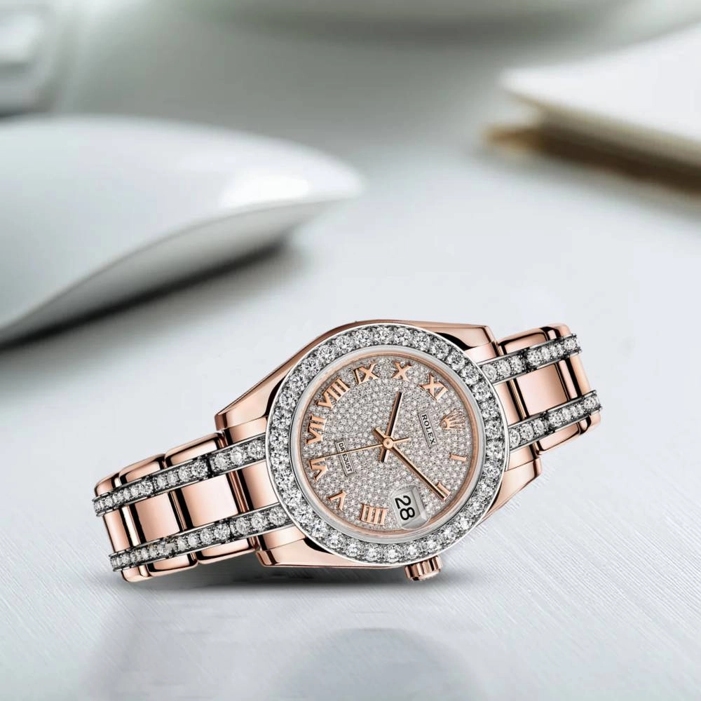 Rolex Pearlmaster 34mm - Ref: 81285-0013 - Pave Roman Diamond Dial, Diamond Bezel & Diamond Case, 18K Rose Gold Diamond Bracelet Women's Watch