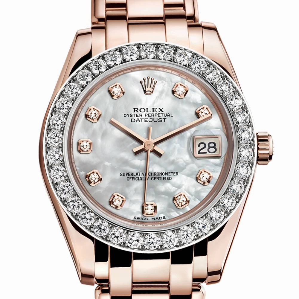 Rolex Pearlmaster 34mm - Ref: 81285-0017 - White mother of Pearl Diamond Dial & Diamond Bezel, 18K Rose Gold Bracelet Women's Watch
