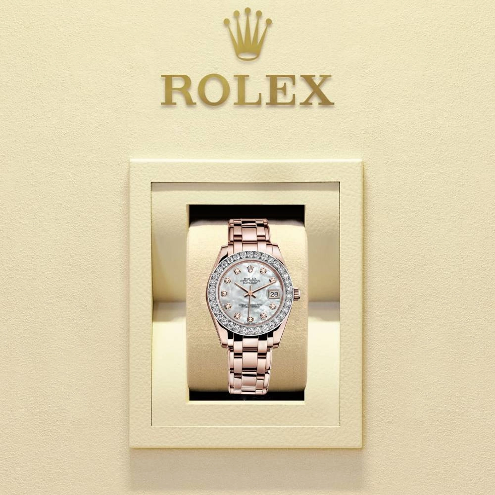 Rolex Pearlmaster 34mm - Ref: 81285-0017 - White mother of Pearl Diamond Dial & Diamond Bezel, 18K Rose Gold Bracelet Women's Watch