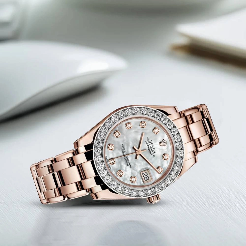 Rolex Pearlmaster 34mm - Ref: 81285-0017 - White mother of Pearl Diamond Dial & Diamond Bezel, 18K Rose Gold Bracelet Women's Watch