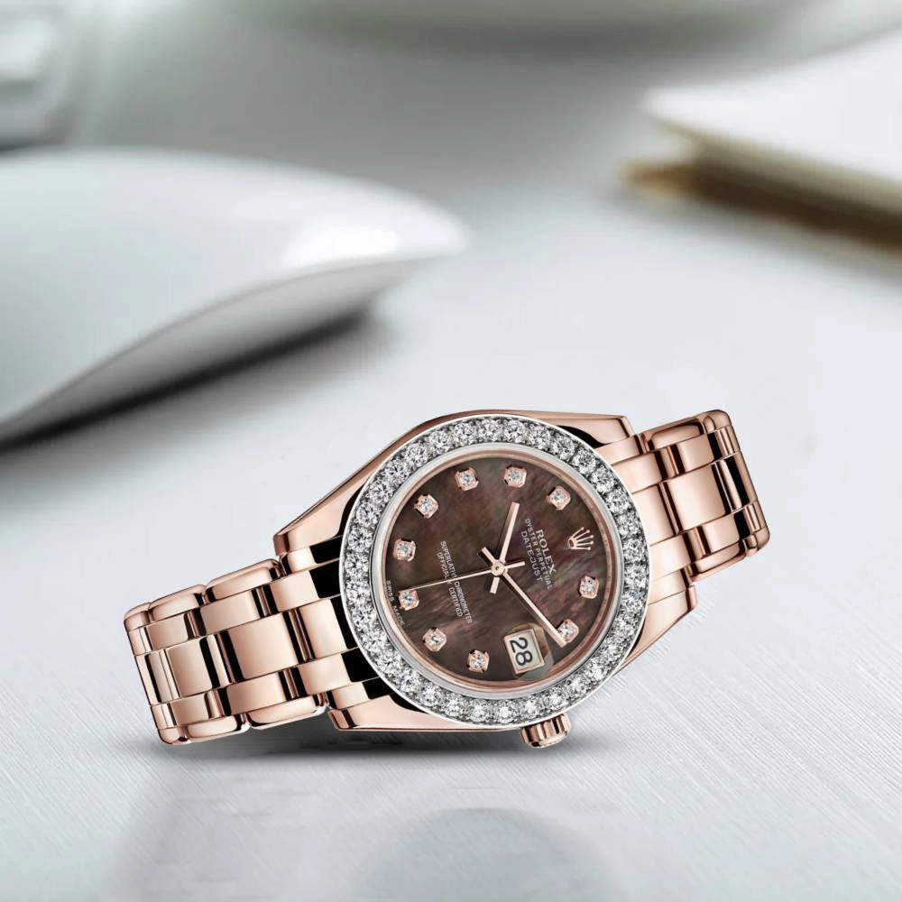 Rolex Pearlmaster 34mm - Ref: 81285-0024 - Black Mother of Pearl Diamond Dial & Diamond Bezel, 18K Rose Gold Bracelet Women's Watch