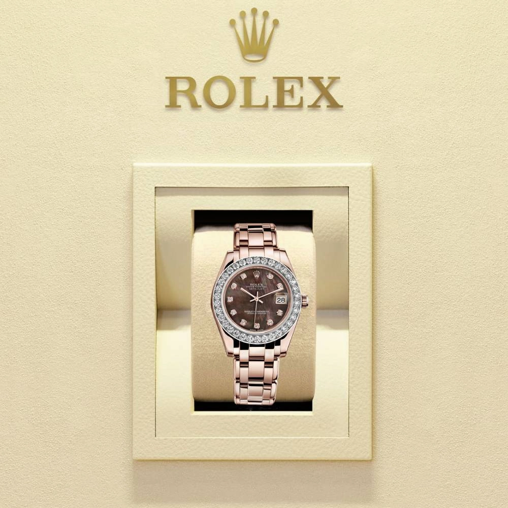Rolex Pearlmaster 34mm - Ref: 81285-0024 - Black Mother of Pearl Diamond Dial & Diamond Bezel, 18K Rose Gold Bracelet Women's Watch