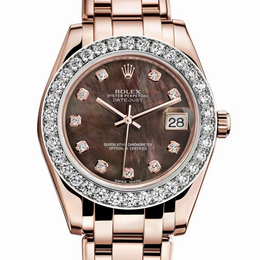 Rolex Pearlmaster 34mm - Ref: 81285-0024 - Black Mother of Pearl Diamond Dial & Diamond Bezel, 18K Rose Gold Bracelet Women's Watch