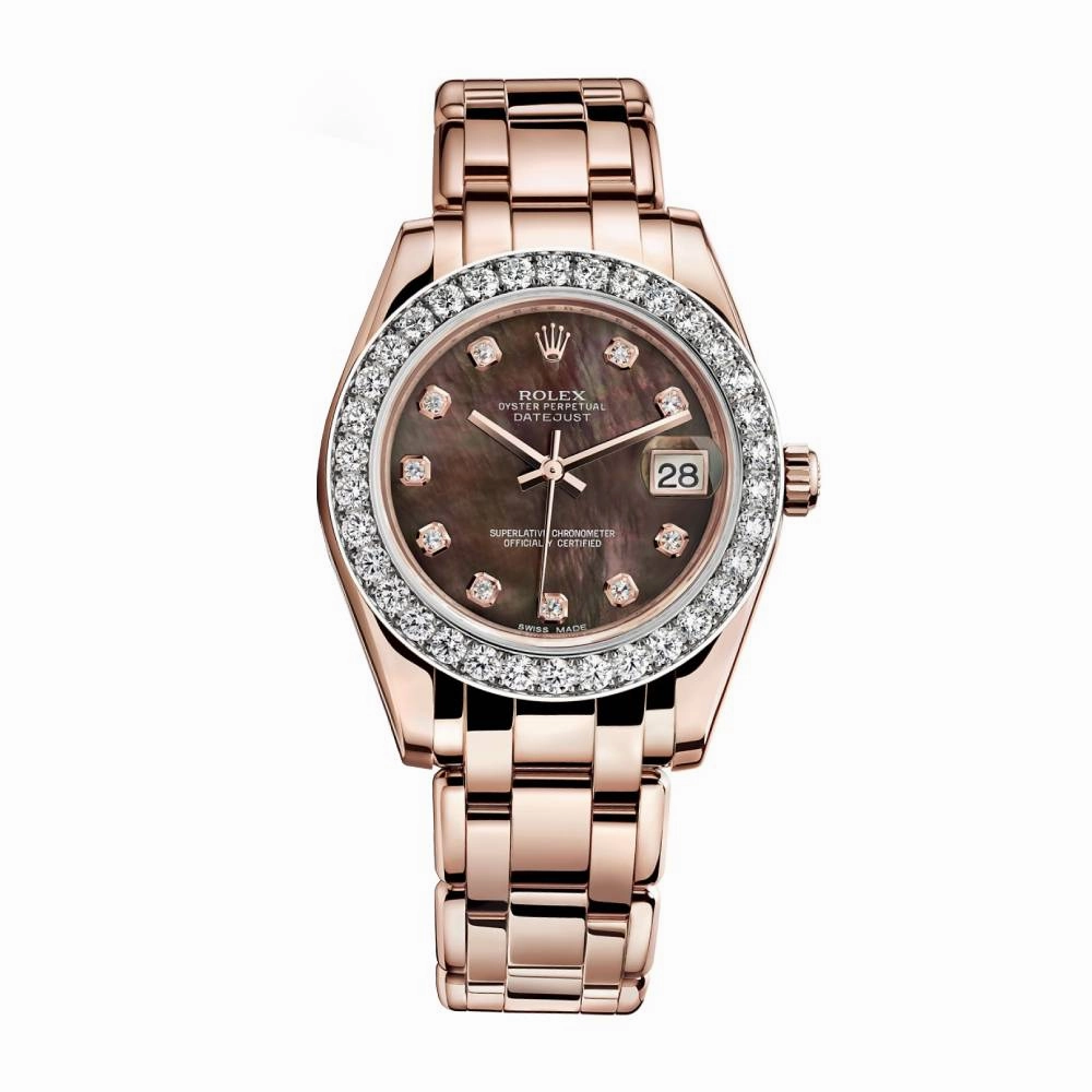 Rolex Pearlmaster 34mm - Ref: 81285-0024 - Black Mother of Pearl Diamond Dial & Diamond Bezel, 18K Rose Gold Bracelet Women's Watch