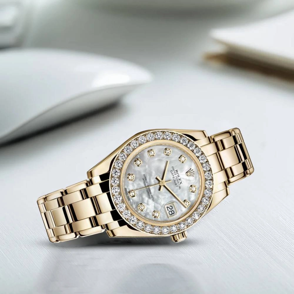 Rolex Pearlmaster 34mm - Ref: 81298-0002 - White mother of Pearl Diamond Dial & Diamond Bezel, 18K Yellow Gold Bracelet Women's Watch