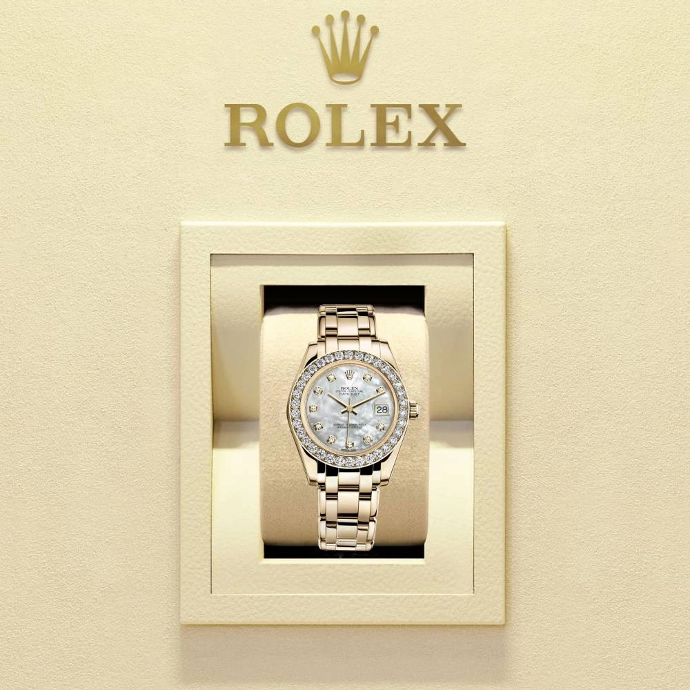 Rolex Pearlmaster 34mm - Ref: 81298-0002 - White mother of Pearl Diamond Dial & Diamond Bezel, 18K Yellow Gold Bracelet Women's Watch