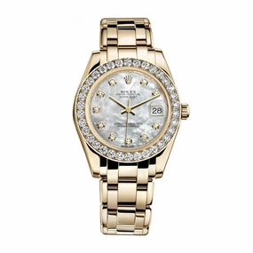 Rolex Pearlmaster 34mm - Ref: 81298-0002 - White mother of Pearl Diamond Dial & Diamond Bezel, 18K Yellow Gold Bracelet Women's Watch