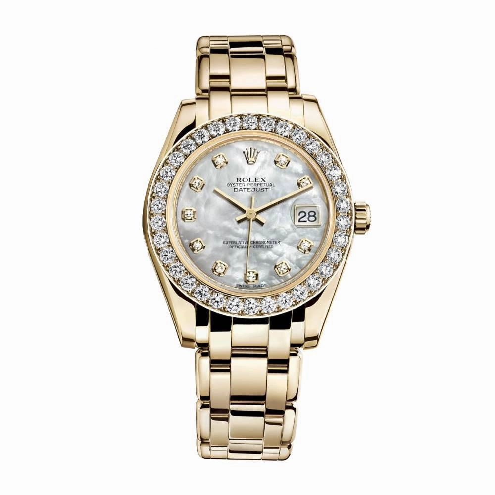 Rolex Pearlmaster 34mm - Ref: 81298-0002 - White mother of Pearl Diamond Dial & Diamond Bezel, 18K Yellow Gold Bracelet Women's Watch