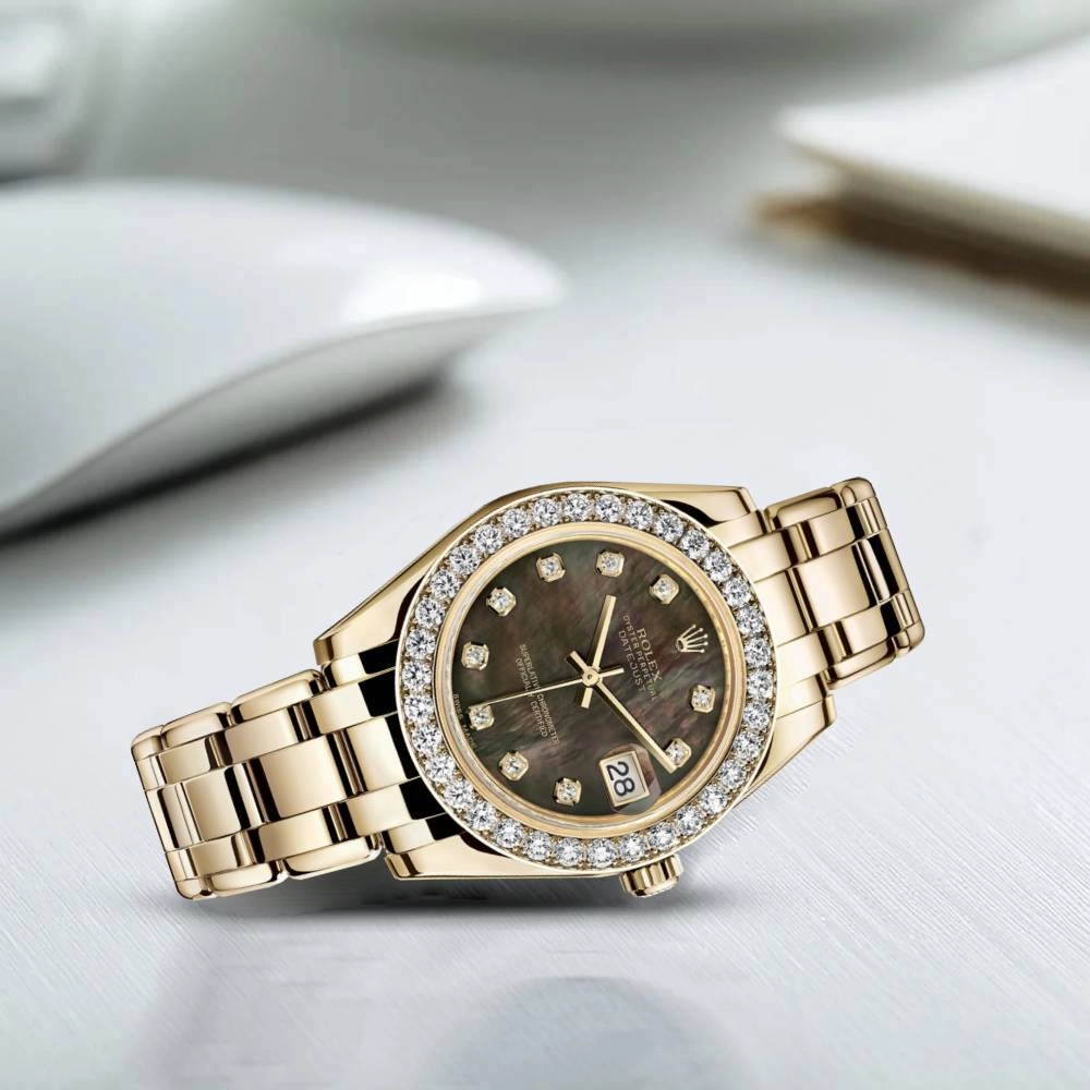 Rolex Pearlmaster 34mm - Ref: 81298-0013 - Black Mother of Pearl Diamond Dial & Diamond Bezel, 18K Yellow Gold Bracelet Women's Watch