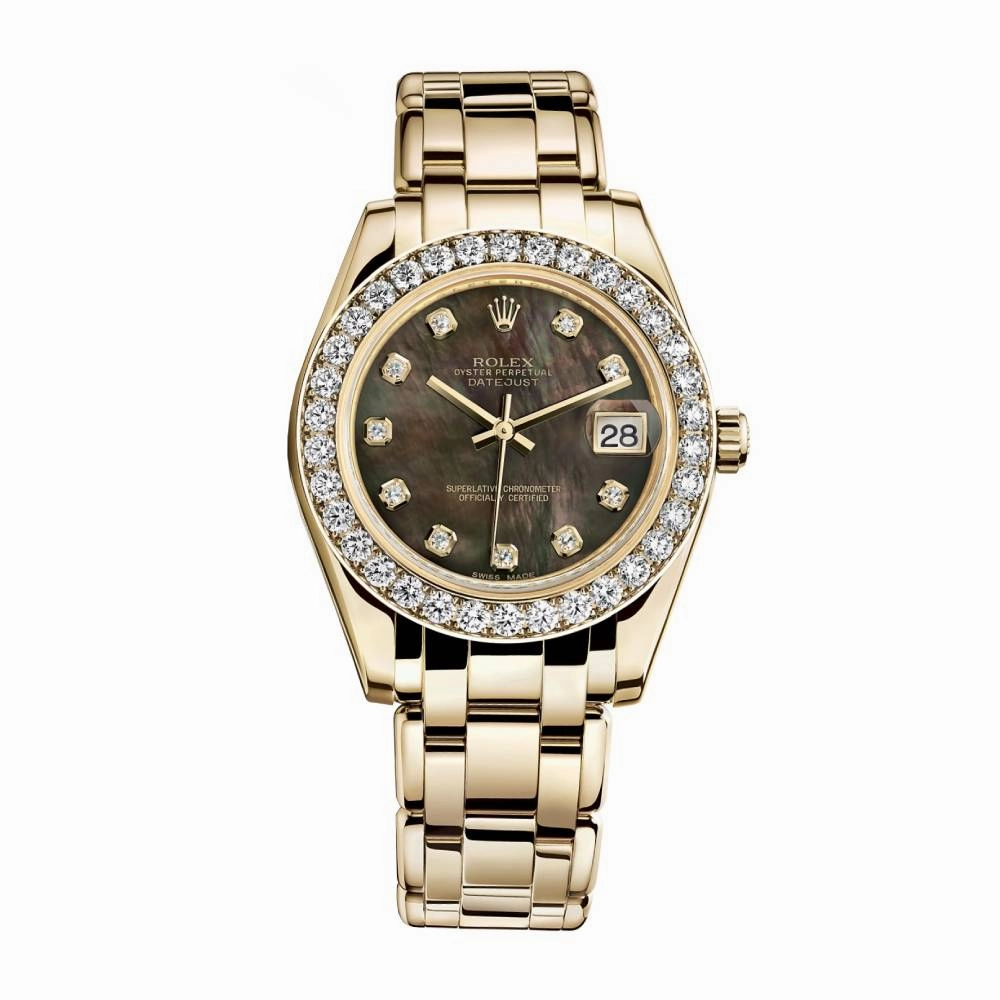 Rolex Pearlmaster 34mm - Ref: 81298-0013 - Black Mother of Pearl Diamond Dial & Diamond Bezel, 18K Yellow Gold Bracelet Women's Watch